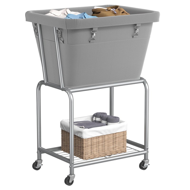 ELYKEN Laundry Cart with Wheels, Rolling Laundry Hamper with Removable Bag and Shelf, Metal Frame Laundry Basket with 4 Casters and 2 Brakes, Ideal for Bedroom, Bathroom, Laundry Room, Gray - Image 1