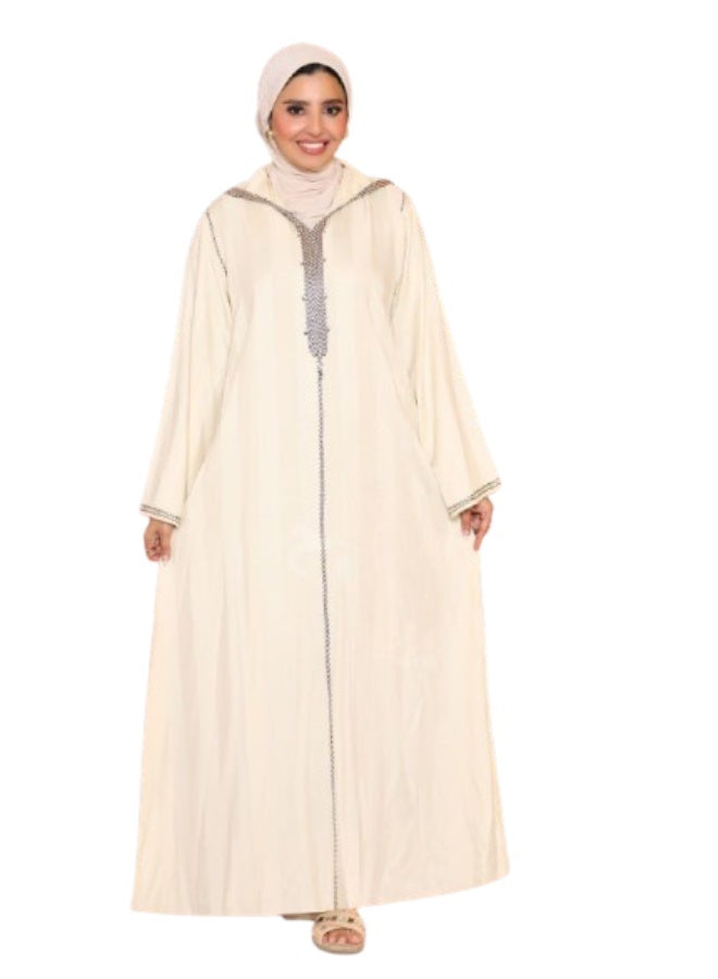Linen and satin abaya with elegant geometric embroidery and a hood – modern, wide design - Image 1