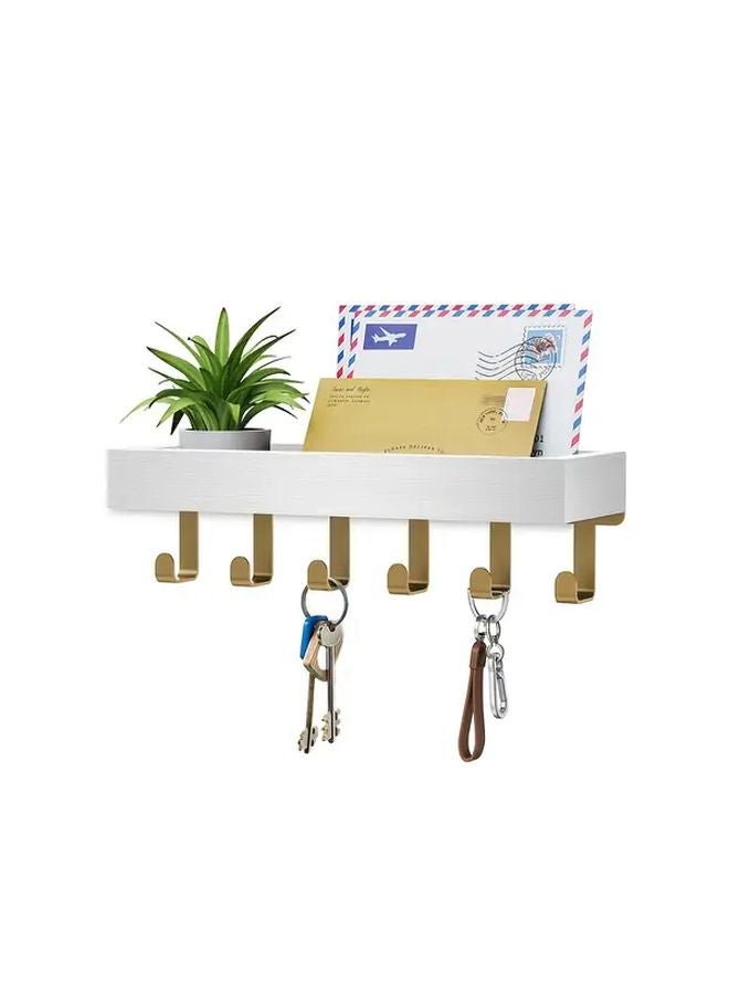 Brown Black Wall Mounted Key Holder with 6 Hooks Mail Organizer Shelf Floating Wall Shelf - Image 5