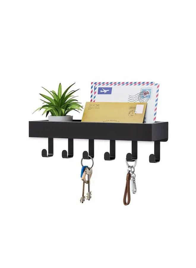 Brown Black Wall Mounted Key Holder with 6 Hooks Mail Organizer Shelf Floating Wall Shelf - Image 3