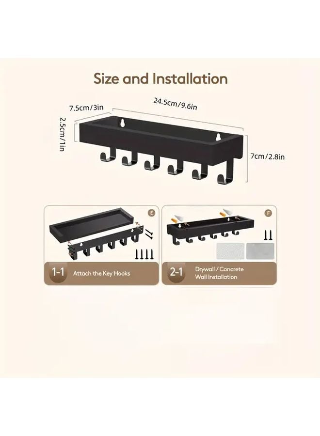 Brown Black Wall Mounted Key Holder with 6 Hooks Mail Organizer Shelf Floating Wall Shelf - Image 4