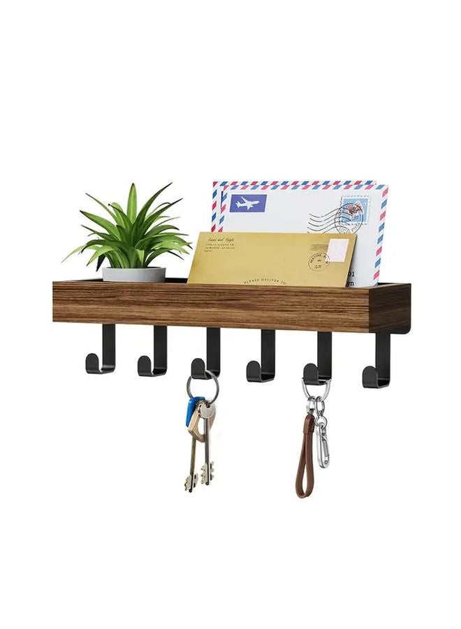 Brown Black Wall Mounted Key Holder with 6 Hooks Mail Organizer Shelf Floating Wall Shelf - Image 1