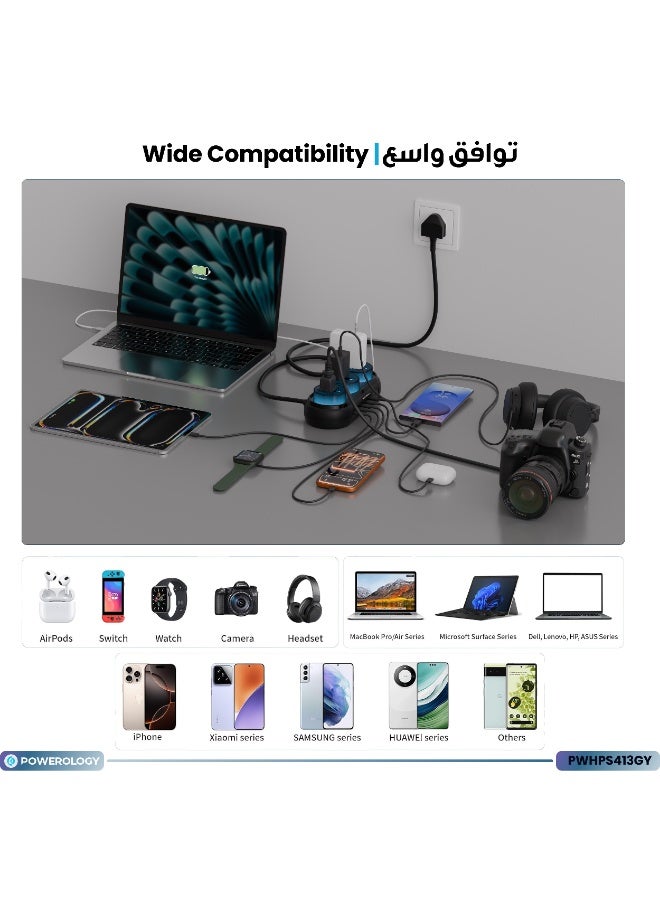 باورولوجي محطة طاقة متعددة المنافذ بتقنية GaN مع 4 منافذ USB-C ومنفذ USB-A واحد، شحن Power Delivery بقدرة 140 واط، تقنية GaN عالية القدرة، شحن متعدد الأجهزة، ثلاثة مقابس تيار متردد AC - Image 5