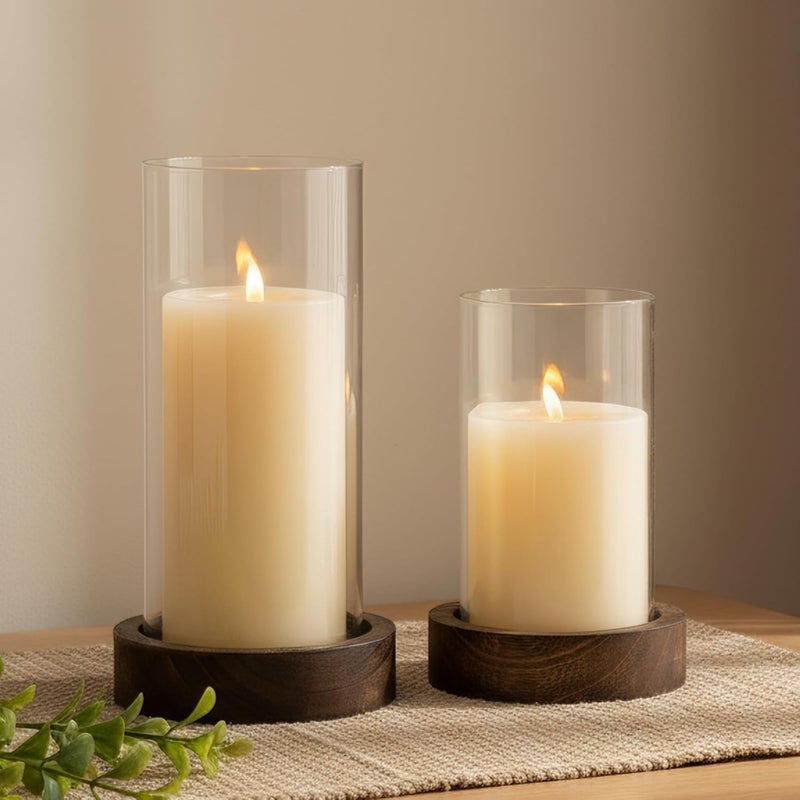 Ronasip Set of 2 Hurricane Candle Holders with Wood Base & Glass Cylinder (4.2x5.9” & 4.6x7.8”) – Rustic Wooden Candle Holders for Home Decor, Weddings, Table Centerpieces (2, Brown) - Image 1