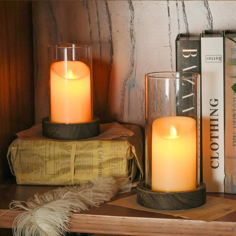 Ronasip Set of 2 Hurricane Candle Holders with Wood Base & Glass Cylinder (4.2x5.9” & 4.6x7.8”) – Rustic Wooden Candle Holders for Home Decor, Weddings, Table Centerpieces (2, Brown) - Image 3