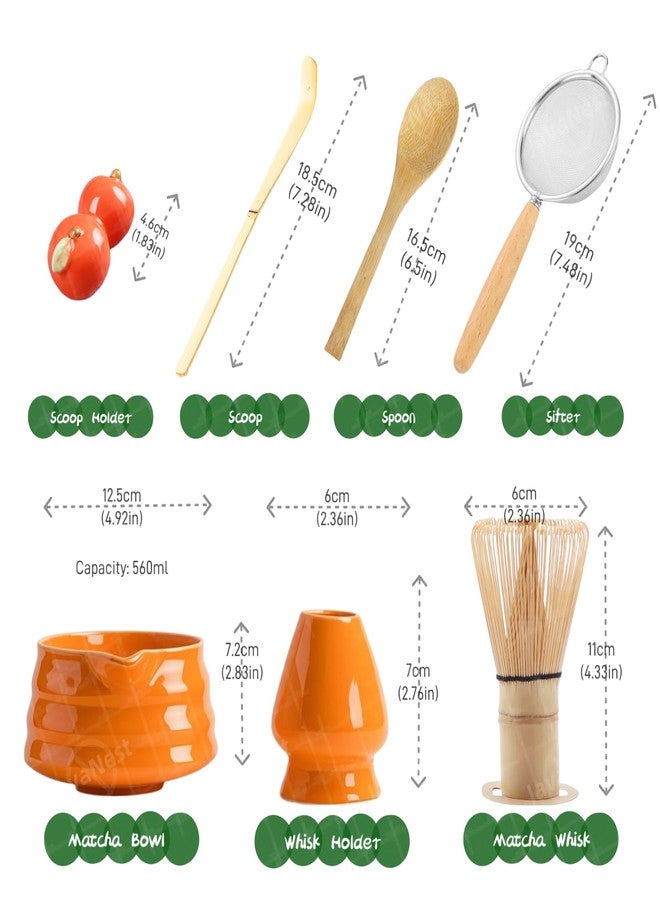 JavaNest 7-Piece Matcha Tea Set with Gift Card – 120-Prong Bamboo Whisk, Ceramic Bowl with Spout, Whisk Holder, Scoop, Spoon, Strainer & Scoop Holder – Ideal Gift for Matcha Lovers (Orange) - Image 2
