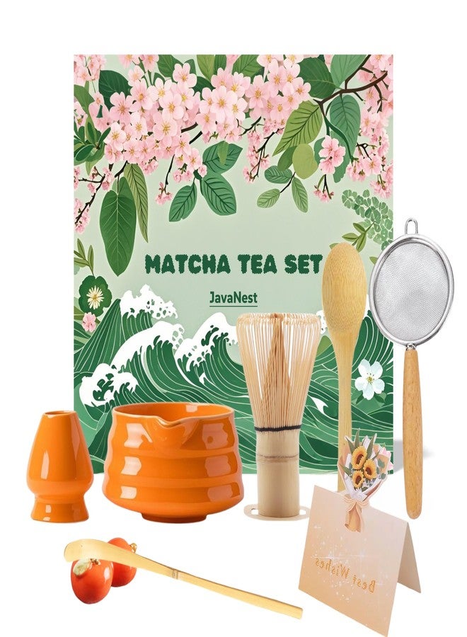 JavaNest 7-Piece Matcha Tea Set with Gift Card – 120-Prong Bamboo Whisk, Ceramic Bowl with Spout, Whisk Holder, Scoop, Spoon, Strainer & Scoop Holder – Ideal Gift for Matcha Lovers (Orange) - Image 1