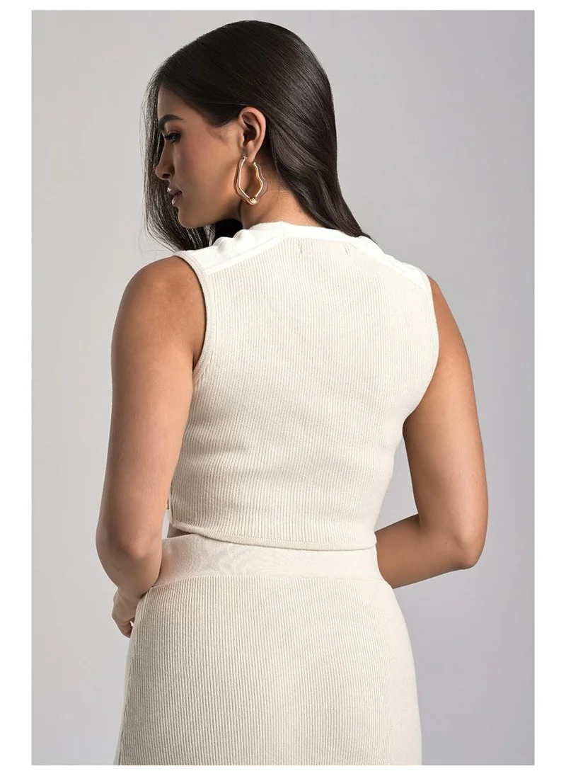 Carmen Steffens Asymmetric Beige Camel Knit Crop Top
