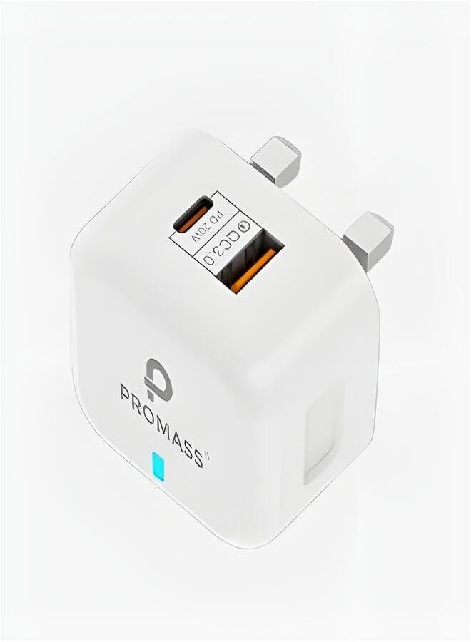 PROMASS Original Wall Charger With Two Ports, 1 USB And 1 PD Port, Supports Fast Charging From Promass 38W White Color - Image 1