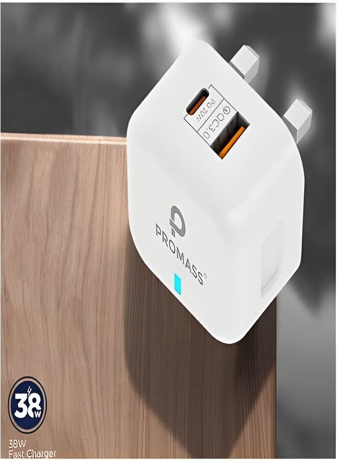 PROMASS Original Wall Charger With Two Ports, 1 USB And 1 PD Port, Supports Fast Charging From Promass 38W White Color - Image 2