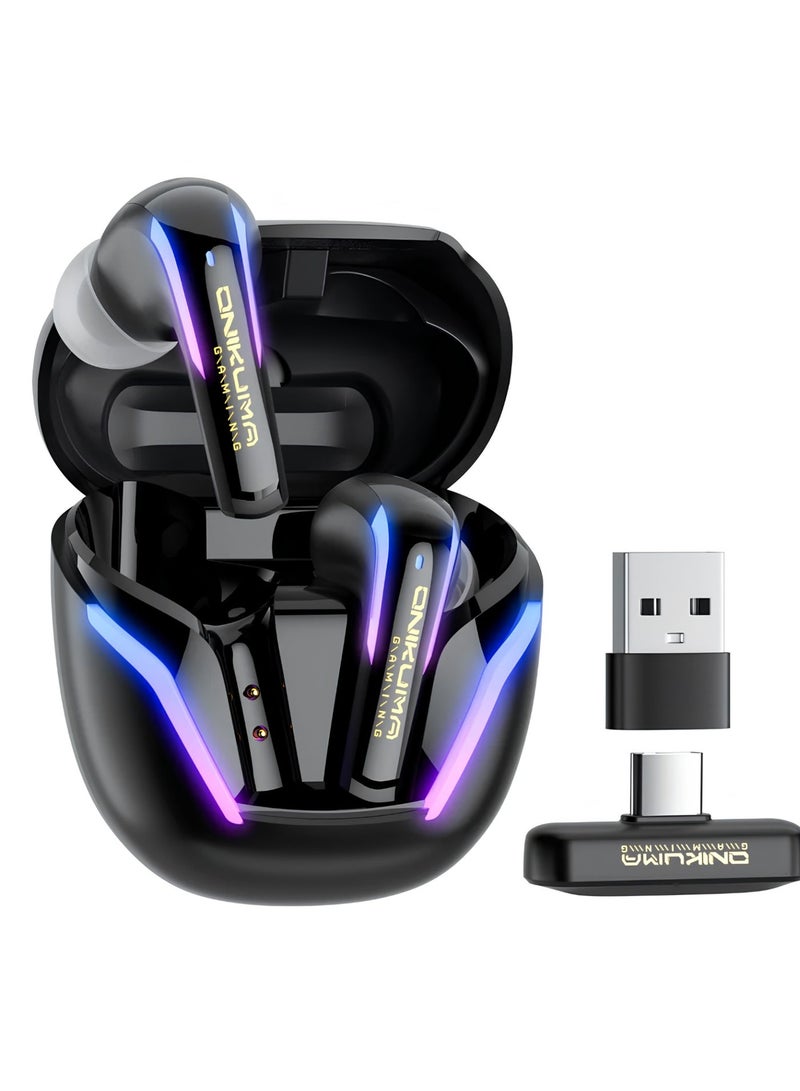 onikuma Wireless Gaming Earbuds with 2.4GHz USB-C Dongle, 20ms Ultra Low Latency, Bluetooth 5.3 Dual Mode, 13mm Drivers, ENC Noise Cancelling Mics, IPX4, RGB, Compatible with PS5 PC Nintendo Switch VR Phone – Black - Image 1