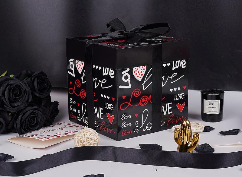 Jaywayang 5 Pack Black Valentine Gift Boxes with Lids, Ribbons and Tissue Papers Square Gift Boxes - 7.1 Inch - Presents Wrapping Valentine's Day Decoration Birthday Anniversary Party Favor Boxes. - Image 4