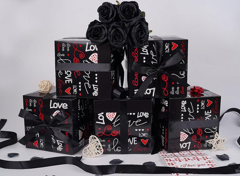 Jaywayang 5 Pack Black Valentine Gift Boxes with Lids, Ribbons and Tissue Papers Square Gift Boxes - 7.1 Inch - Presents Wrapping Valentine's Day Decoration Birthday Anniversary Party Favor Boxes. - Image 3