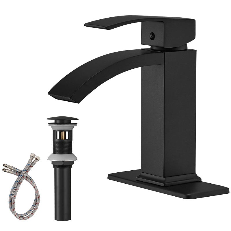Greenspring Matte Black Bathroom Sink Faucet Waterfall Bathroom Faucets1 Hole Single Handle Brass Modern Commercial Bathroom Basin Tap with Pop Up Drain and Supply Line
