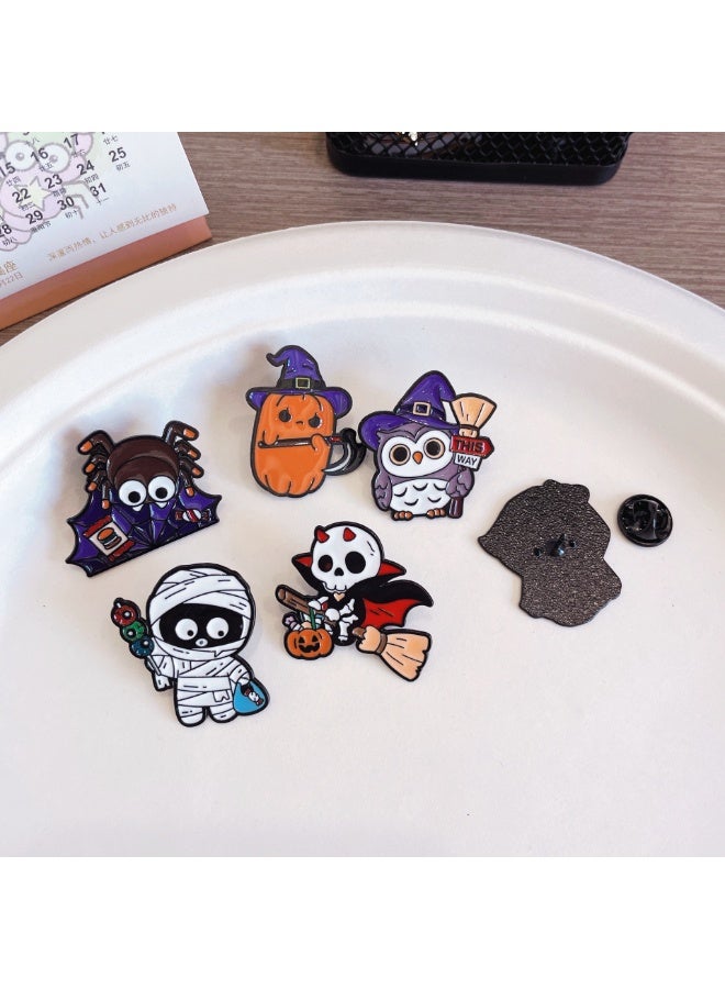 6pcs Halloween Cute Enamel Brooch Pin Set – Funny Pumpkin, Mummy, Owl & Spider Badges for Costume Party Accessories - Image 1