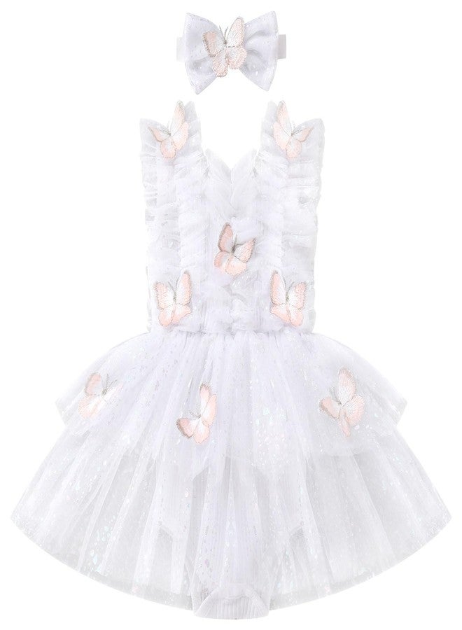 IBAKOM Baby Girl Butterfly Romper Dress Toddler Sparkly 1st Birthday Cake Smash Outfits Infant Ruffle Sleeve Christening Baptism First Communion Dresses Newborn Pageant Clothes White 6-9 Months - Image 1