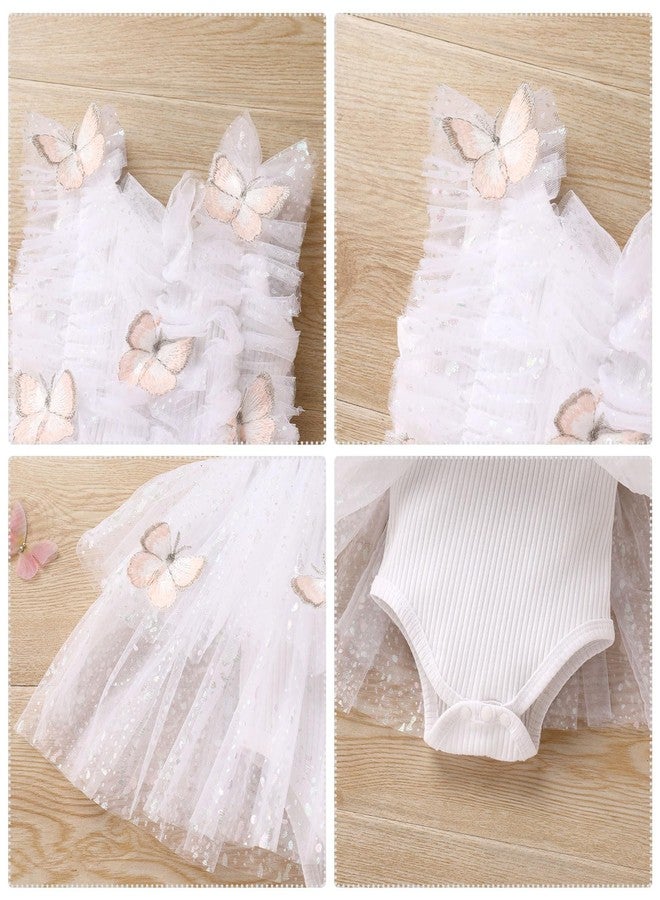 IBAKOM Baby Girl Butterfly Romper Dress Toddler Sparkly 1st Birthday Cake Smash Outfits Infant Ruffle Sleeve Christening Baptism First Communion Dresses Newborn Pageant Clothes White 6-9 Months - Image 3