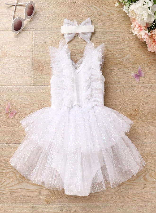 IBAKOM Baby Girl Butterfly Romper Dress Toddler Sparkly 1st Birthday Cake Smash Outfits Infant Ruffle Sleeve Christening Baptism First Communion Dresses Newborn Pageant Clothes White 6-9 Months - Image 2