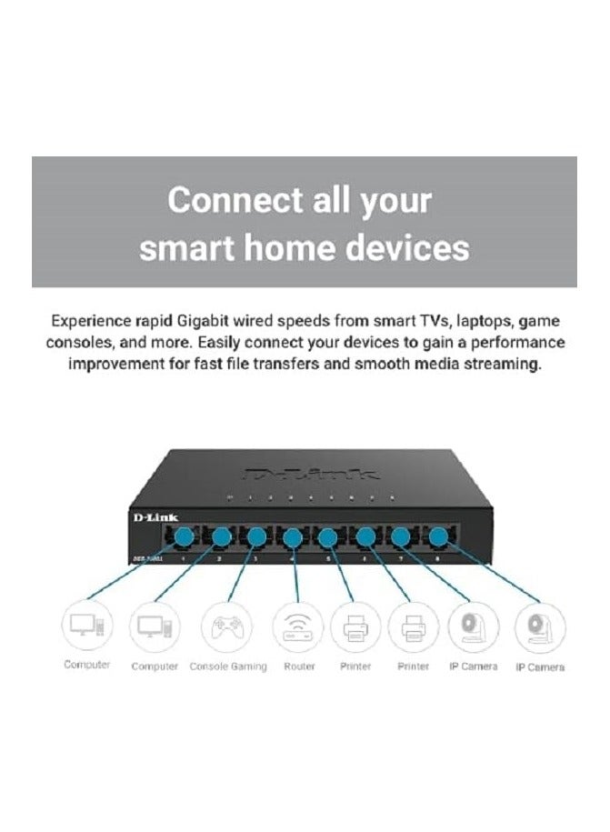 D-Link Ethernet Switch, 8 Port Gigabit Unmanaged Desktop Plug and Play Sturdy Metal Housing Fan less Design EEE (DGS 108GL)