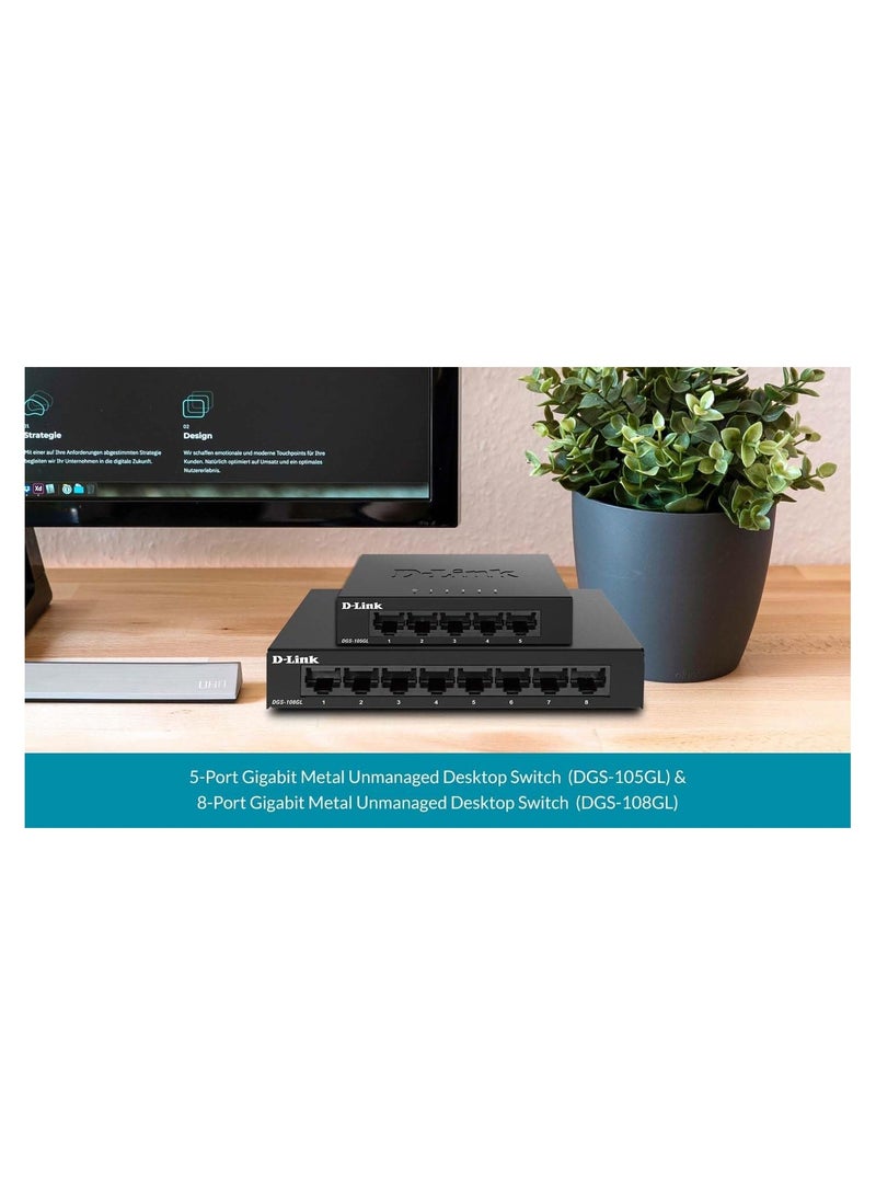 D-Link Ethernet Switch, 8 Port Gigabit Unmanaged Desktop Plug and Play Sturdy Metal Housing Fan less Design EEE (DGS 108GL)