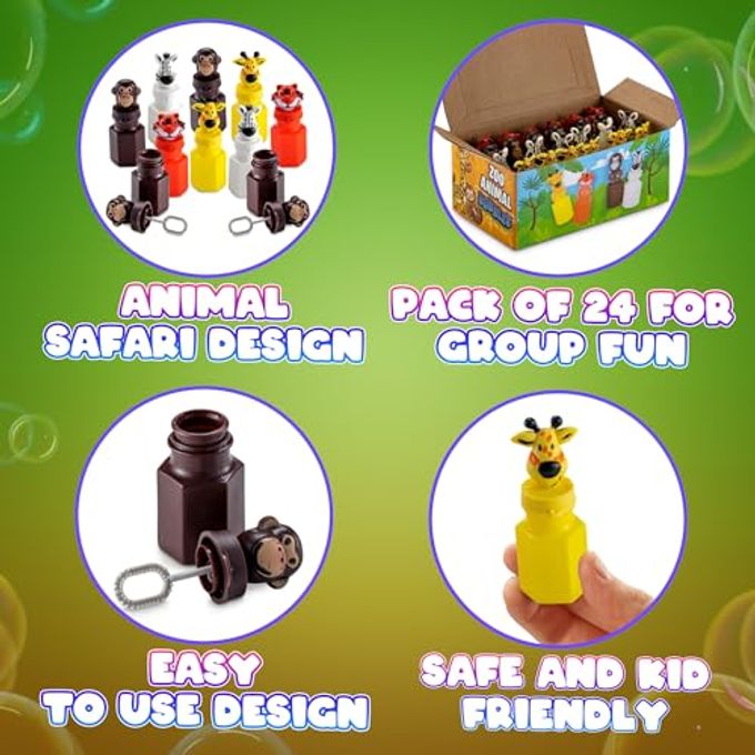 Bedwina Bulk Safari Animal Bubbles for Kids (Pack of 24) Mini Safari Bubble Bottles with Wands and Assorted Jungle Zoo Characters, Baby Showers, Themed Birthday Party Favors, Goody Bag Toys for Kids - Image 1