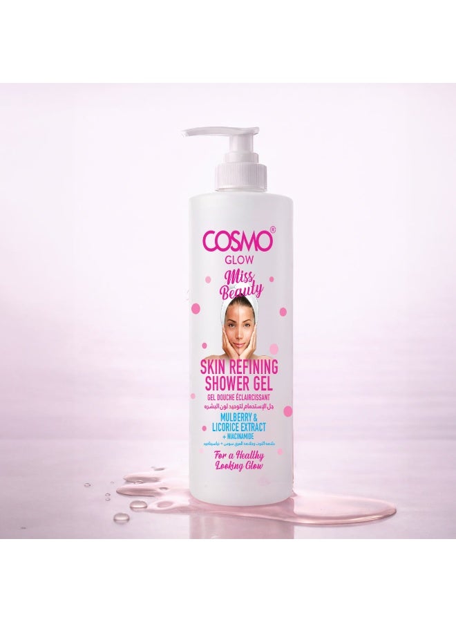 Cosmo Glow Miss Beauty Skin Refining Shower Gel 1000ml, Mulberry & Licorine Extract, Help to Decrease the Look of Dark Spots, Gently Cleanses