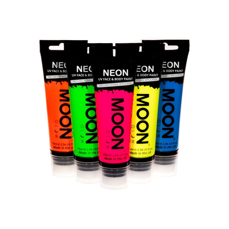 Moon Glow Supersize 254oz Blacklight Neon UV Face Body Paint Set of 5 tubes with sponge applicator