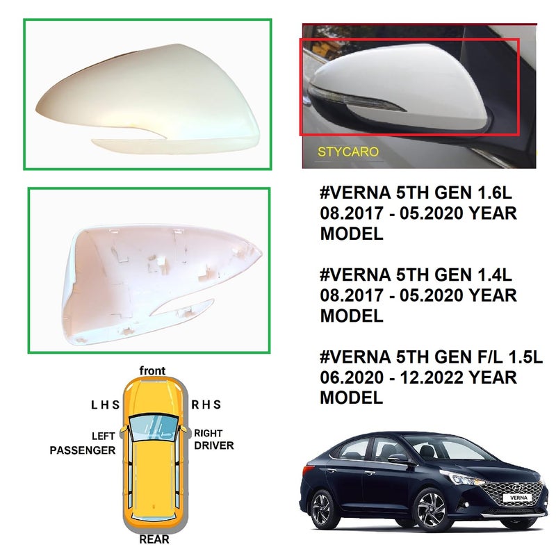 Car Styling ORVM Side view Mirror Cover/Cap (Indicator Cut Type) compatible with Hynudai Verna 5TH GEN 2017-2022 Model Type 4- Unpainted (RIGHT DRIVER SIDE) - Image 2