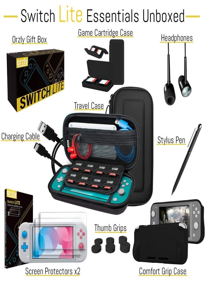 Orzly Switch Lite Accessories Bundle - Case & Screen Protector for Nintendo Switch Lite Console, USB Cable, Games Holder, Comfort Grip Case, Headphones, Thumb-Grip Pack & More (Black) - Image 3