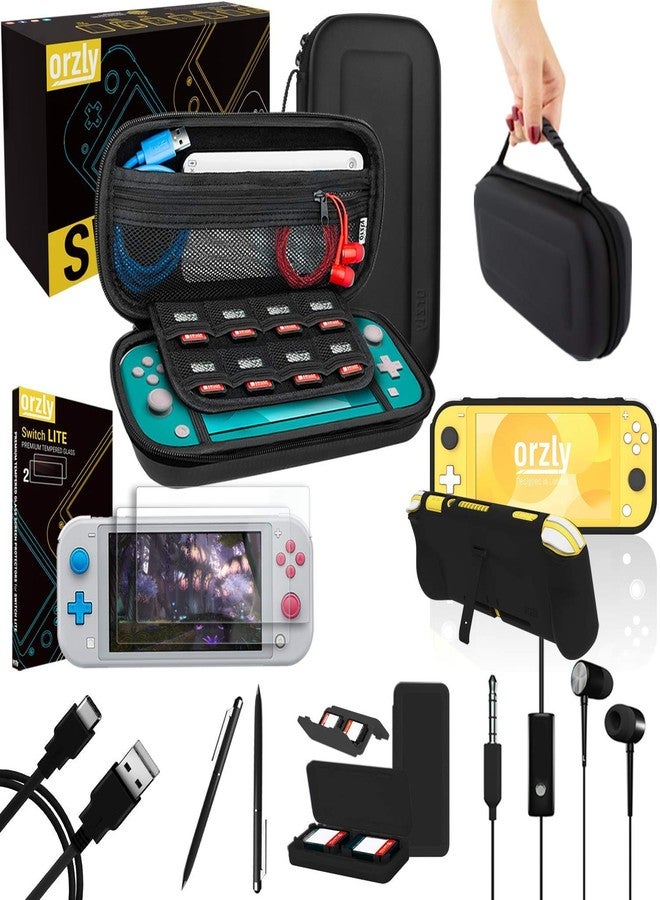 Orzly Switch Lite Accessories Bundle - Case & Screen Protector for Nintendo Switch Lite Console, USB Cable, Games Holder, Comfort Grip Case, Headphones, Thumb-Grip Pack & More (Black) - Image 1