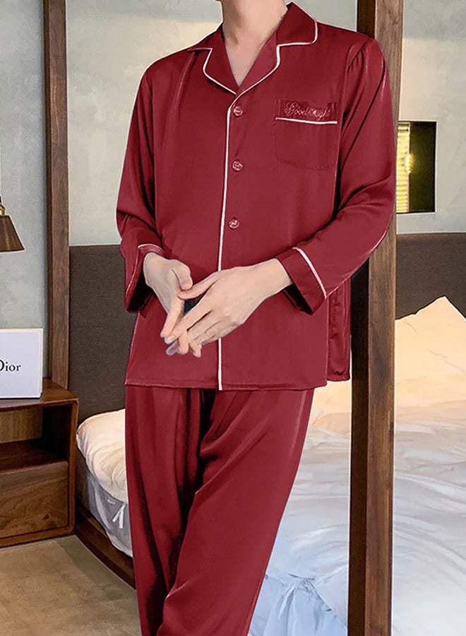 MARGOUN Summer Ice Silk XXXL Men Pajamas Lace Trim Robe Set Home Service Suit Casual Sleepwear Nightwear Maroon - Image 1
