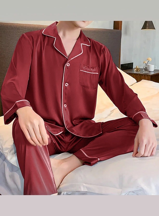 MARGOUN Summer Ice Silk XXXL Men Pajamas Lace Trim Robe Set Home Service Suit Casual Sleepwear Nightwear Maroon - Image 2