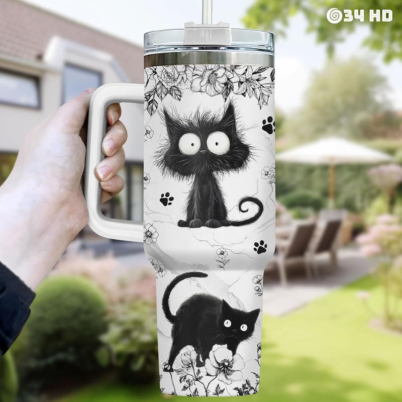 34HD Funny Black Cat Floral Tumbler 40oz with Handle Straw, Just a Girl Who Loves Cats Insulated Travel Coffee Cup - Birthday & Mothers Day Gifts for Pet Lovers, Her and Mom - Image 5