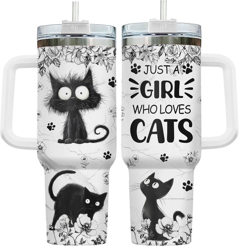 34HD Funny Black Cat Floral Tumbler 40oz with Handle Straw, Just a Girl Who Loves Cats Insulated Travel Coffee Cup - Birthday & Mothers Day Gifts for Pet Lovers, Her and Mom - Image 1