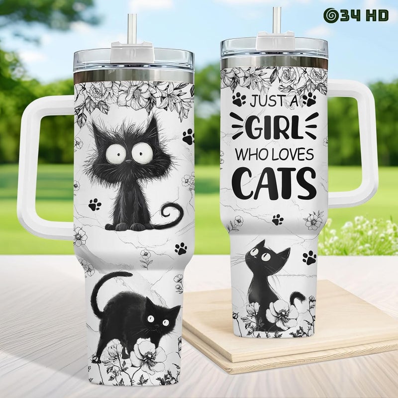 34HD Funny Black Cat Floral Tumbler 40oz with Handle Straw, Just a Girl Who Loves Cats Insulated Travel Coffee Cup - Birthday & Mothers Day Gifts for Pet Lovers, Her and Mom - Image 4