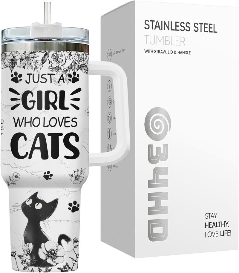34HD Funny Black Cat Floral Tumbler 40oz with Handle Straw, Just a Girl Who Loves Cats Insulated Travel Coffee Cup - Birthday & Mothers Day Gifts for Pet Lovers, Her and Mom - Image 3