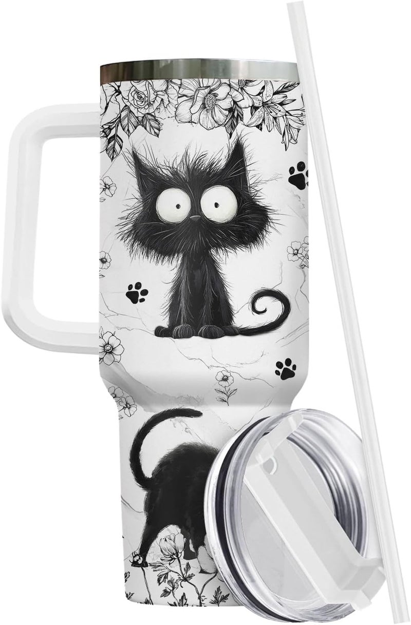 34HD Funny Black Cat Floral Tumbler 40oz with Handle Straw, Just a Girl Who Loves Cats Insulated Travel Coffee Cup - Birthday & Mothers Day Gifts for Pet Lovers, Her and Mom - Image 2