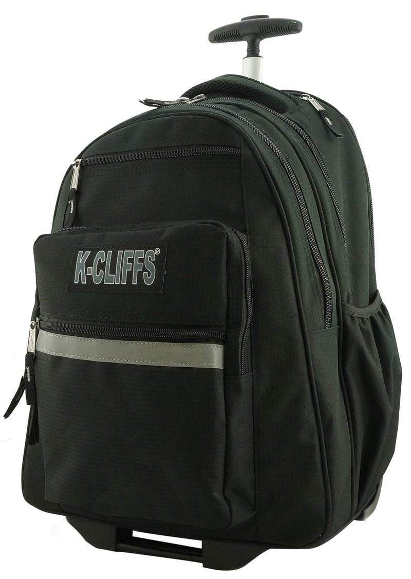K-Cliffs Heavy Duty Rolling Backpack School Backpacks with Wheels Deluxe Trolley Book Bag Wheeled Daypack Workbag Multiple Pockets Bookbag with Safety Reflective Stripe Black - Image 1