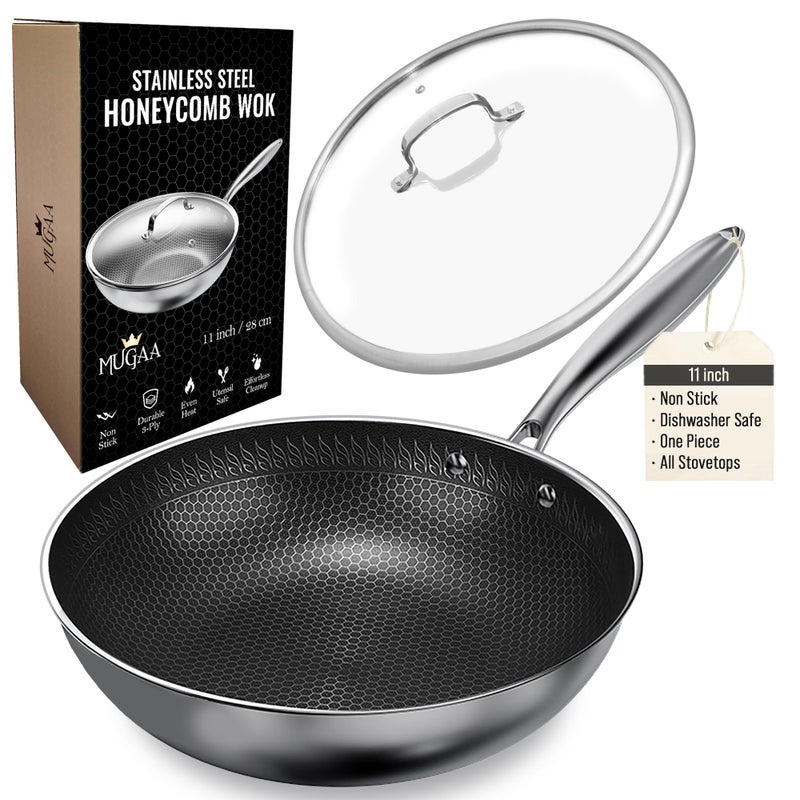 MUGAA Woks & Stir-Fry Pans Nonstick 11" Stainless Steel Wok Pan with Lid | Tri-Ply Honeycomb Hybrid Stir Fry Pan | Induction & Oven Safe | Dishwasher Safe - Image 1