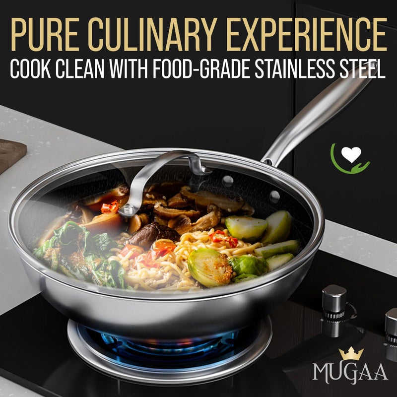 MUGAA Woks & Stir-Fry Pans Nonstick 11" Stainless Steel Wok Pan with Lid | Tri-Ply Honeycomb Hybrid Stir Fry Pan | Induction & Oven Safe | Dishwasher Safe - Image 4