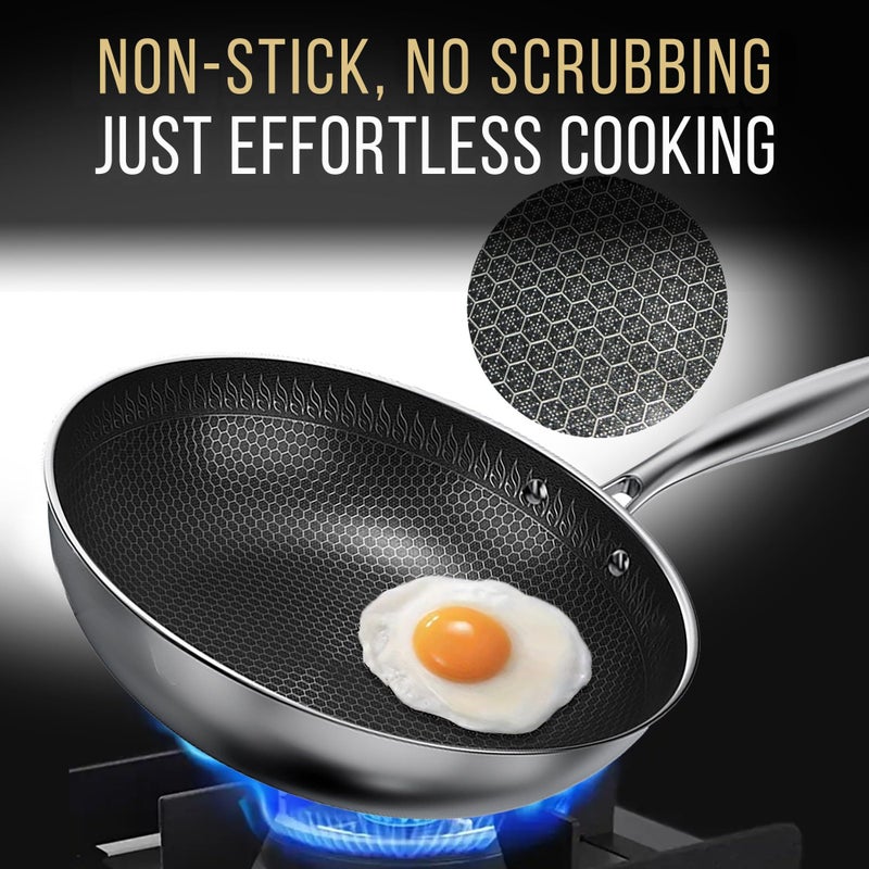 MUGAA Woks & Stir-Fry Pans Nonstick 11" Stainless Steel Wok Pan with Lid | Tri-Ply Honeycomb Hybrid Stir Fry Pan | Induction & Oven Safe | Dishwasher Safe - Image 2