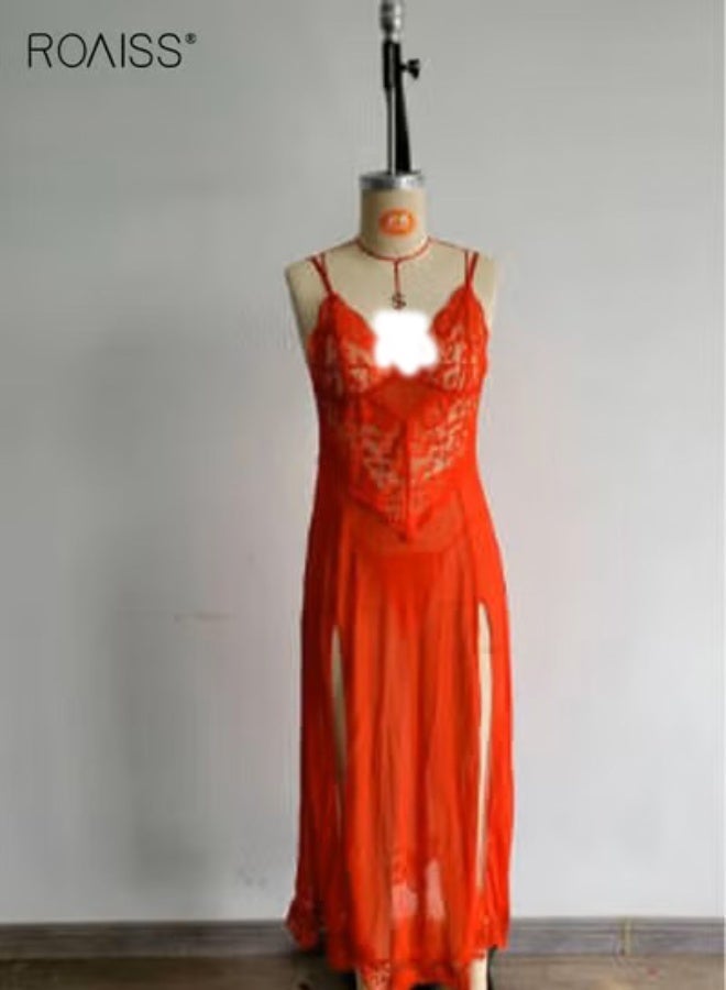 roaiss 2 Pack Lace Suspender Pajamas Set for Women Sexy Nightgown with Tight Waist Design, High Slit Hem and Spaghetti Straps - Image 1