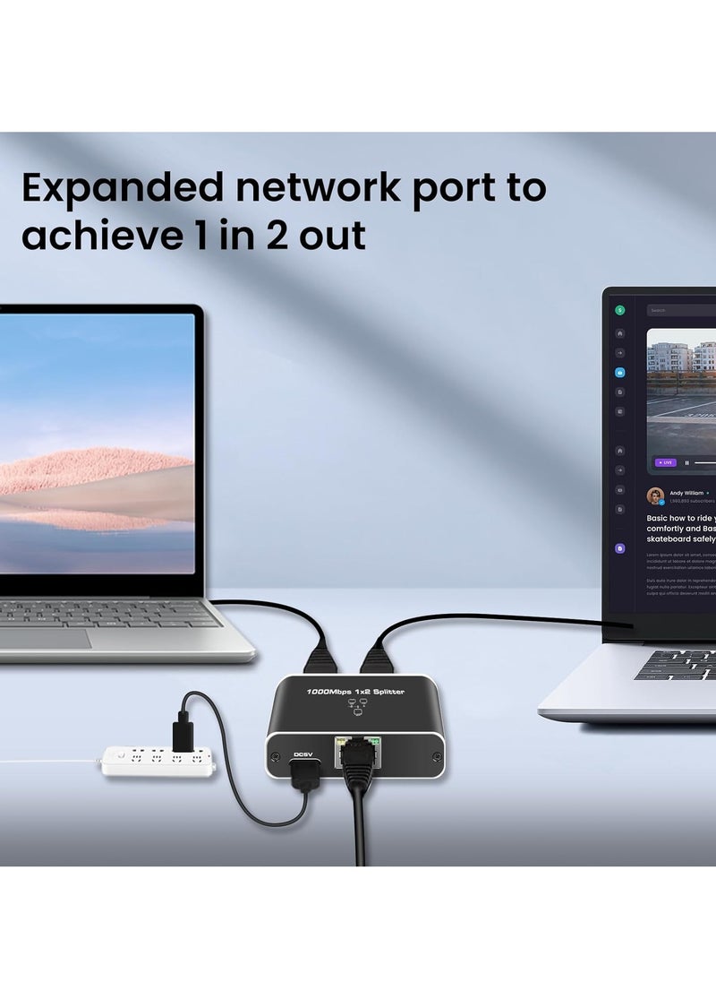 RJ45 Ethernet Splitter 1 to 2, 1000Mbps Network Splitter with USB Power Cable, Gigabit LAN Internet Splitter Connector for Cat5/5e/6/7/8, Support 2 Devices Working Simultaneously  - Image 2