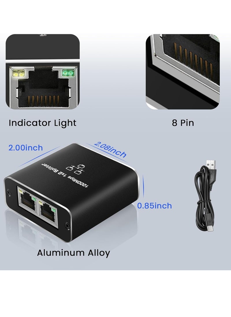 RJ45 Ethernet Splitter 1 to 2, 1000Mbps Network Splitter with USB Power Cable, Gigabit LAN Internet Splitter Connector for Cat5/5e/6/7/8, Support 2 Devices Working Simultaneously