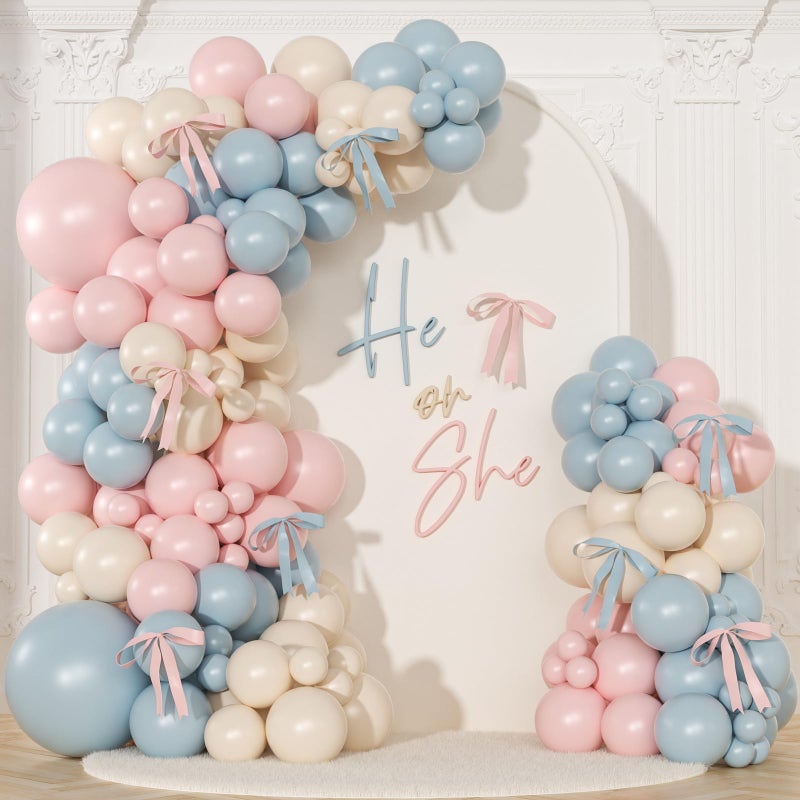 NUTTYBASH Gender Reveal Balloon Arch Kit, 141Pcs Pink Blue Sand White Balloons with Bows for Boy or Girl Gender Reveal Decorations Baby Shower Boho Bachelorette Birthday Party Supplies - Image 1
