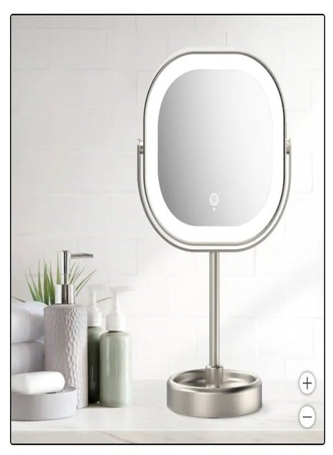LED Vanity Mirror with Stand, Double-Sided 1x/10x Magnification, 3 Light Settings, 360° Rotation, USB Rechargeable, Brushed Nickel - Image 1