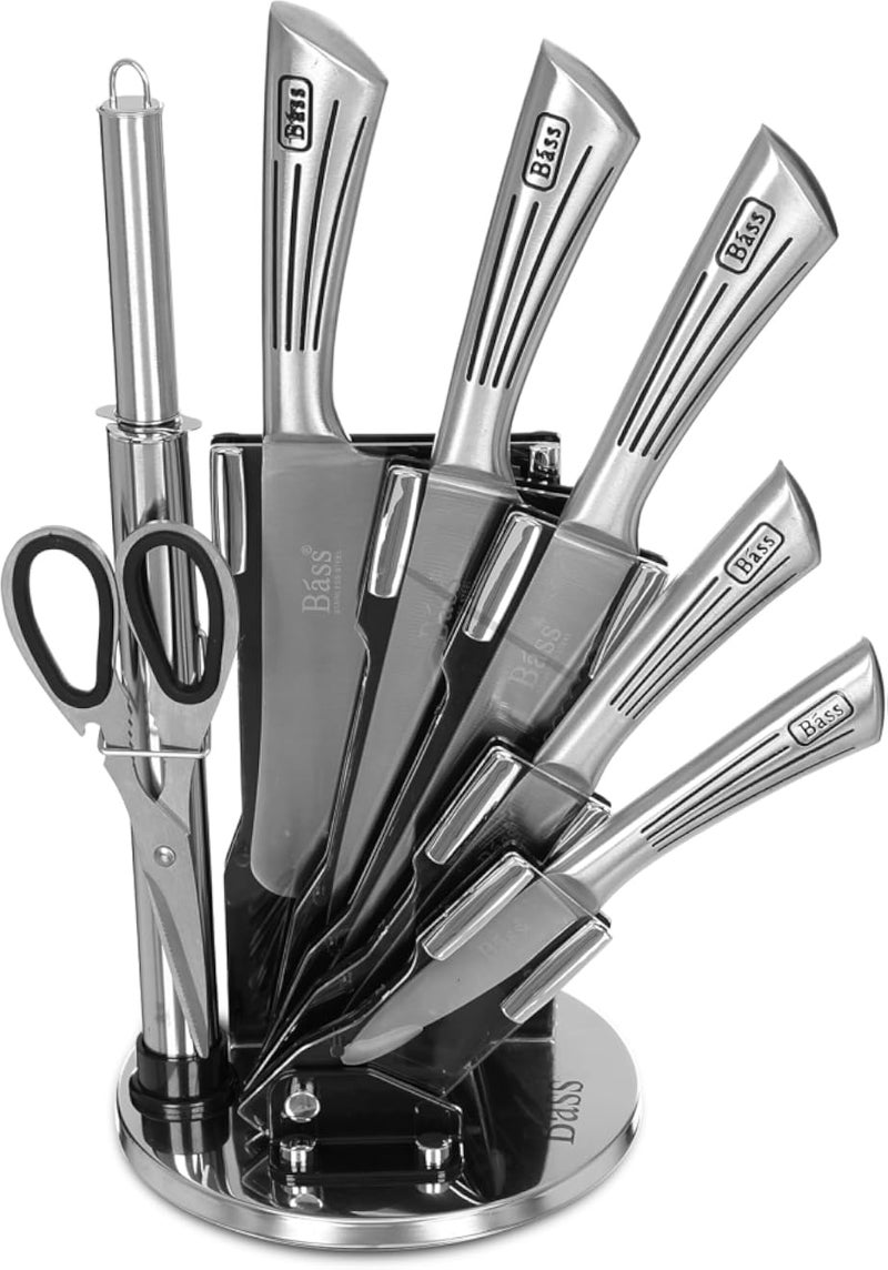 Bass Knife Block Set, 7 Pieces with Stand, Lines Stainless Steel Handle, Stainless Steel - Silver