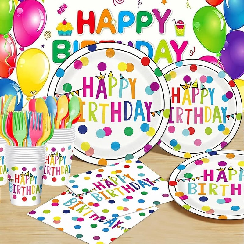 175 Pcs Happy Birthday Party Supplies, Birthday Decorations Colorful Dots Themed for Boys and Girls, Includes Happy Birthday Plates and Napkins, Cups, Tablecloth, Serves 25 - Image 2