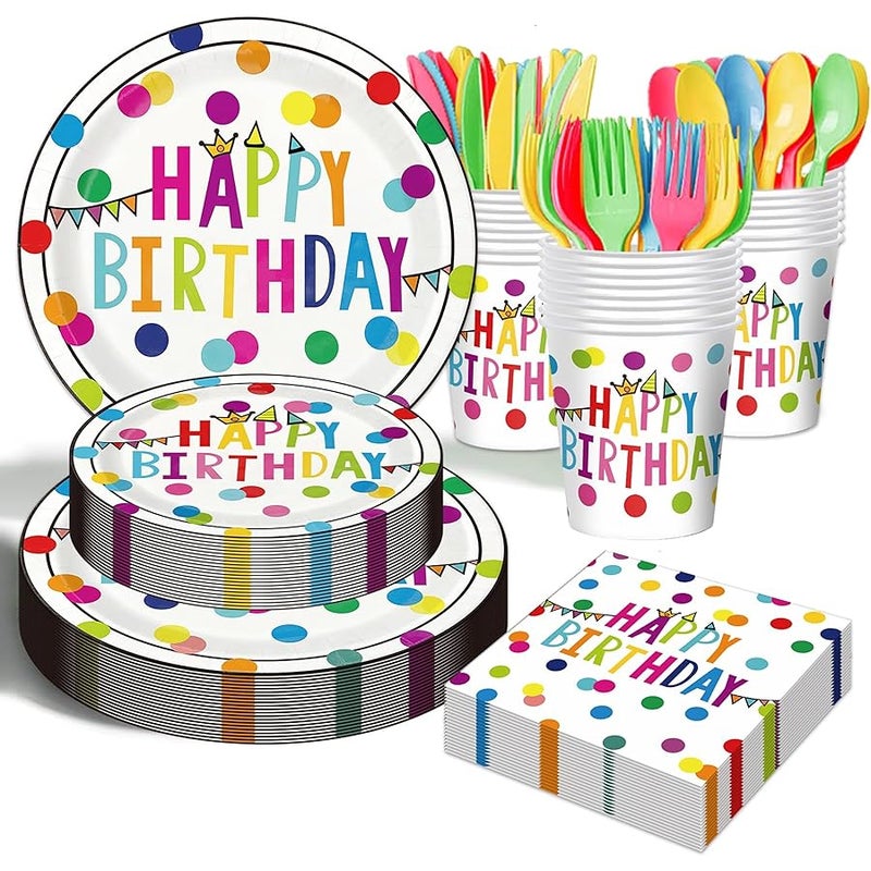 175 Pcs Happy Birthday Party Supplies, Birthday Decorations Colorful Dots Themed for Boys and Girls, Includes Happy Birthday Plates and Napkins, Cups, Tablecloth, Serves 25 - Image 1