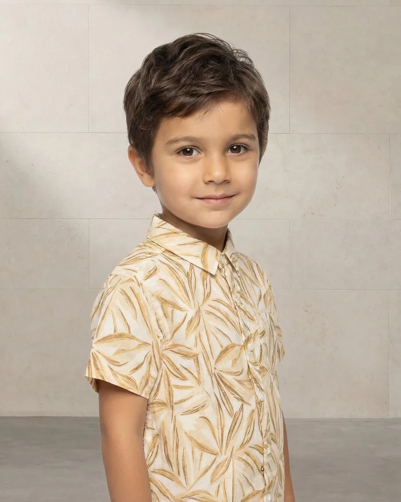 Redtag Boys Beige Printed Short Sleeve Shirt